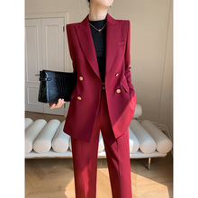 红色西装外套女2023春秋高级感小个子阔腿裤高端职业套装休闲正装