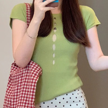 牛油果绿多巴胺镂空性感针织衫背心女短袖夏季小个子修身绿色上衣