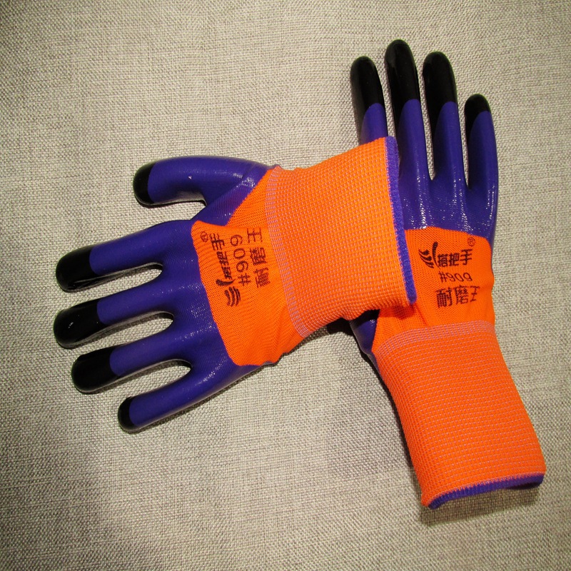 批发搭把手909耐磨王劳保手套浸胶薄款防滑防油机械透气丁腈橡胶