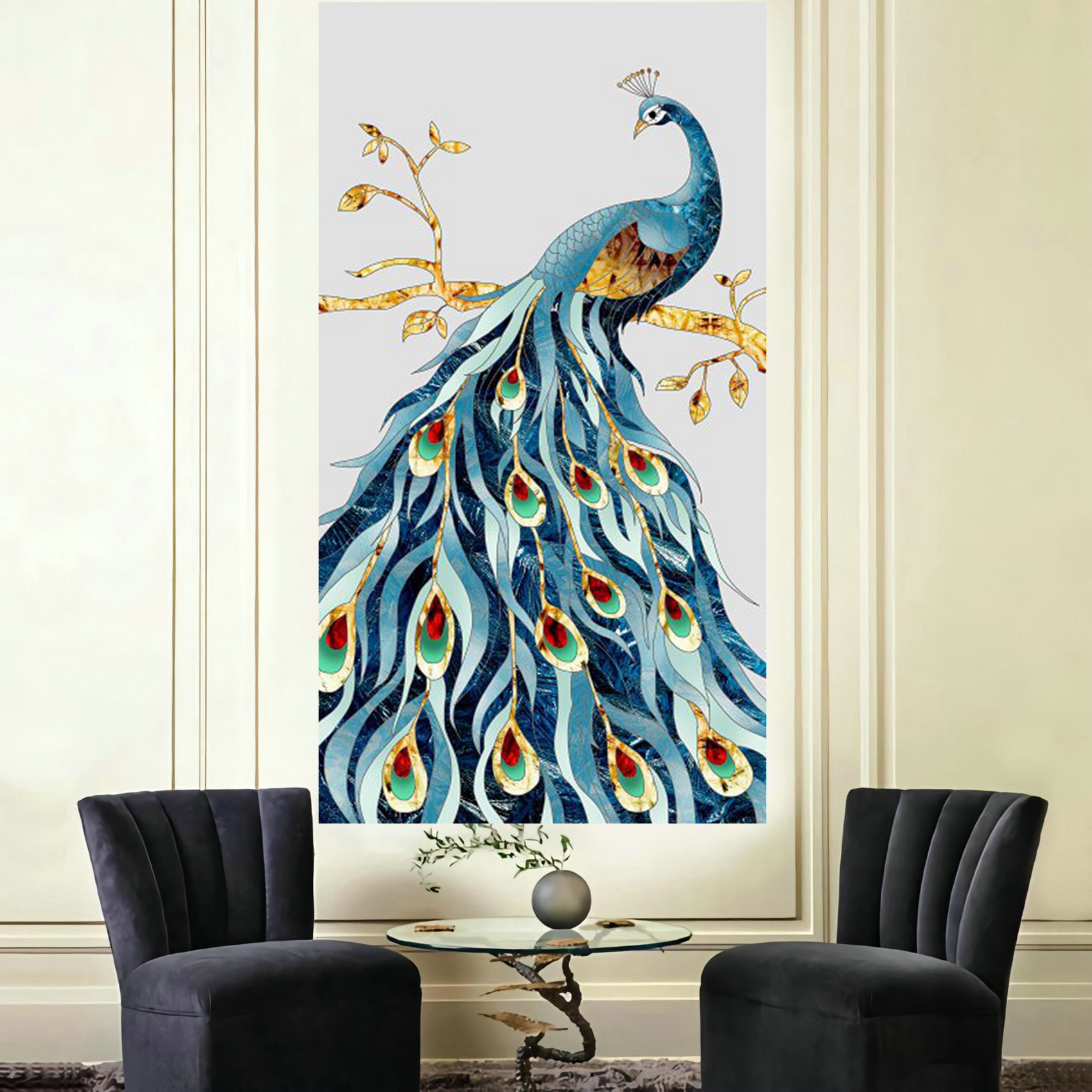 50250蓝孔雀玄关玄关孔雀装饰画走廊入户过道凤凰贴画竖版自粘壁