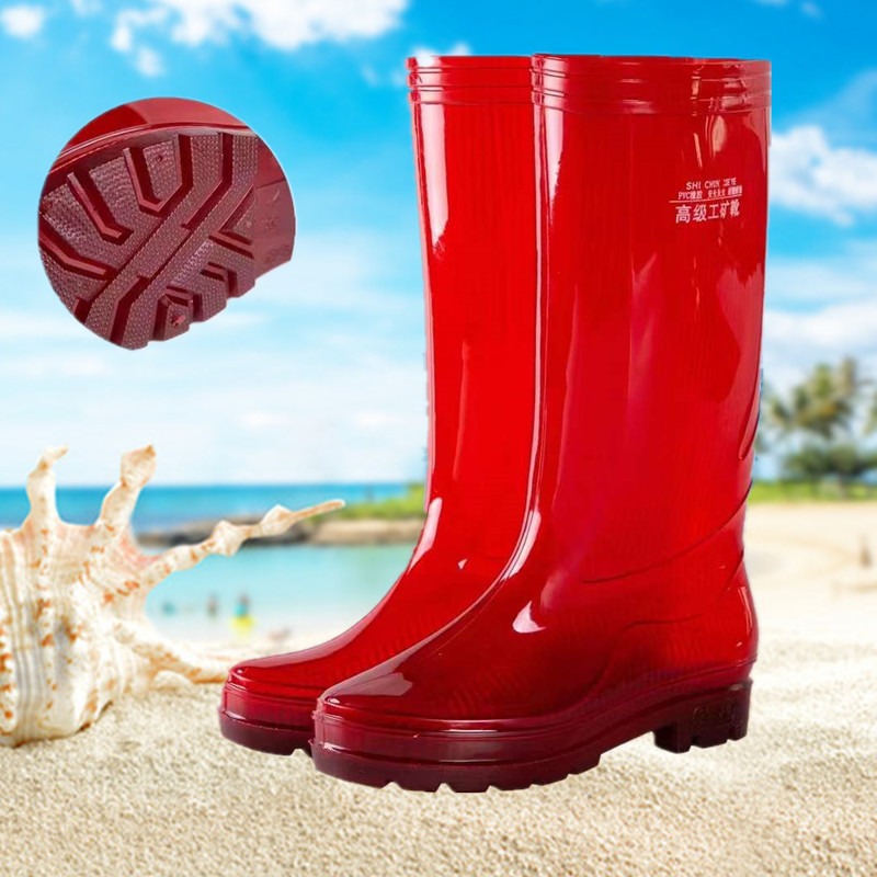 防滑耐磨男中高筒pvc红色雨靴 四季可穿工地厨房防水防滑男雨靴