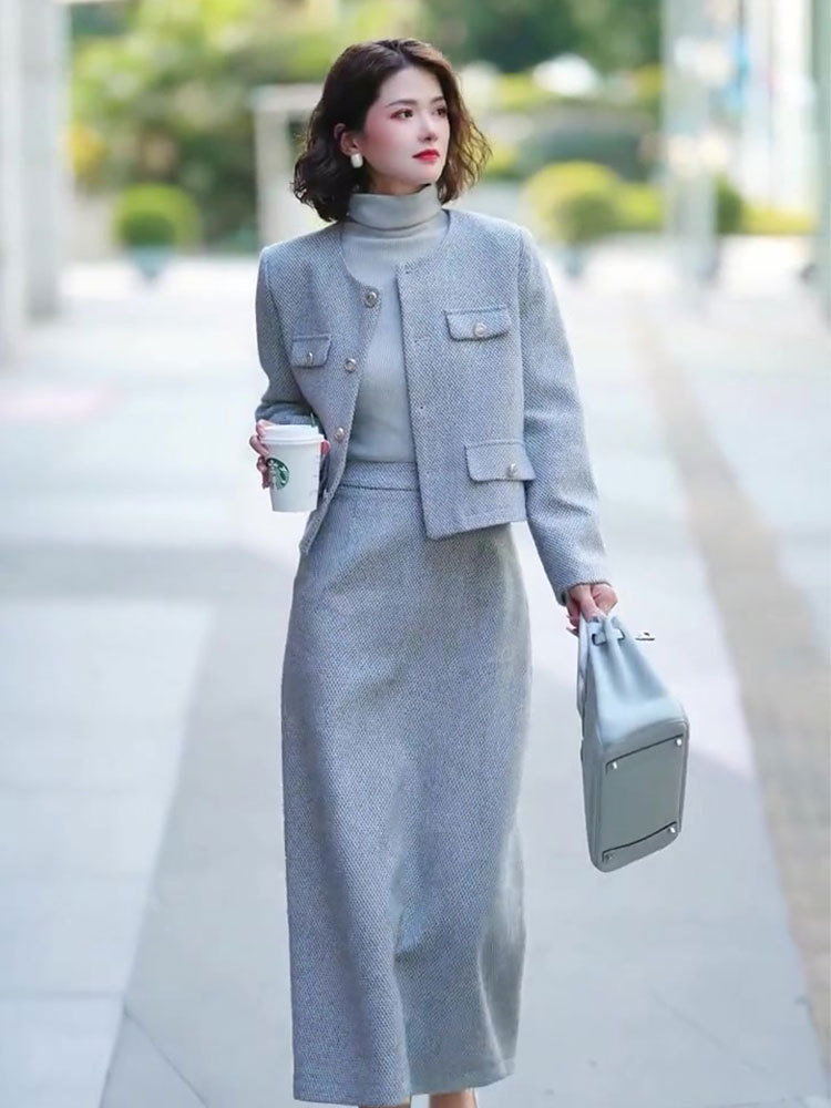 冬季穿搭高级感小香风套装端庄大气女装西装毛呢外套半身裙两件套