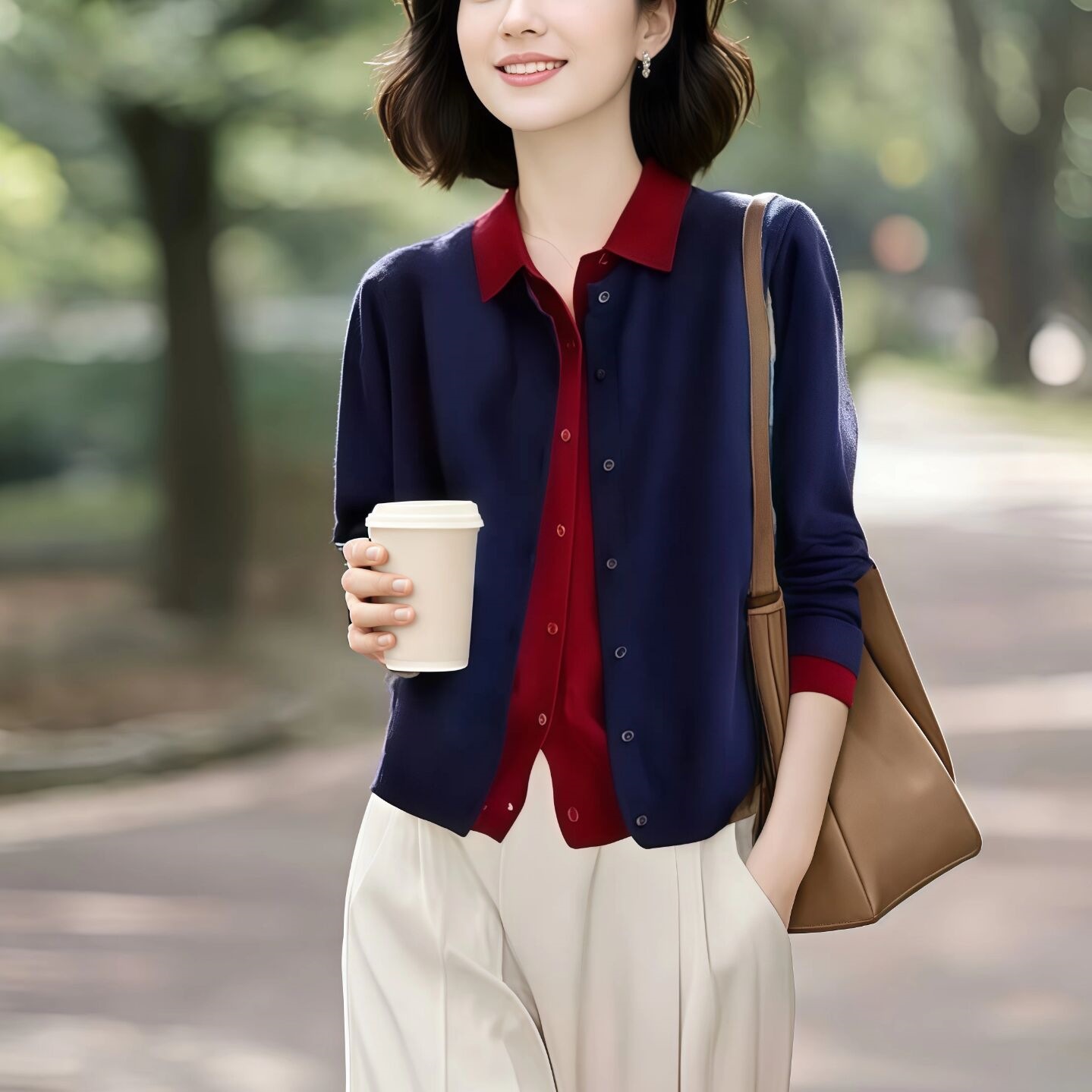 翻领拼色设计感洋气针织衫女秋季冬新款假两件羊毛通勤外套上衣