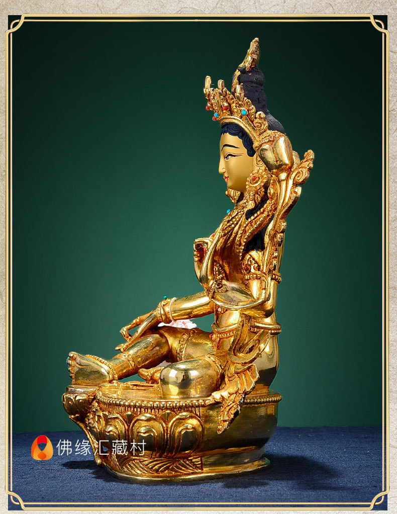 绿度母佛像尼泊尔手工全鎏金镶嵌彩珠度母像藏传密宗供奉摆件7寸