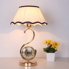 欧式静音带钟表台灯现代简欧温馨卧室床头灯创意时尚触摸调光灯具