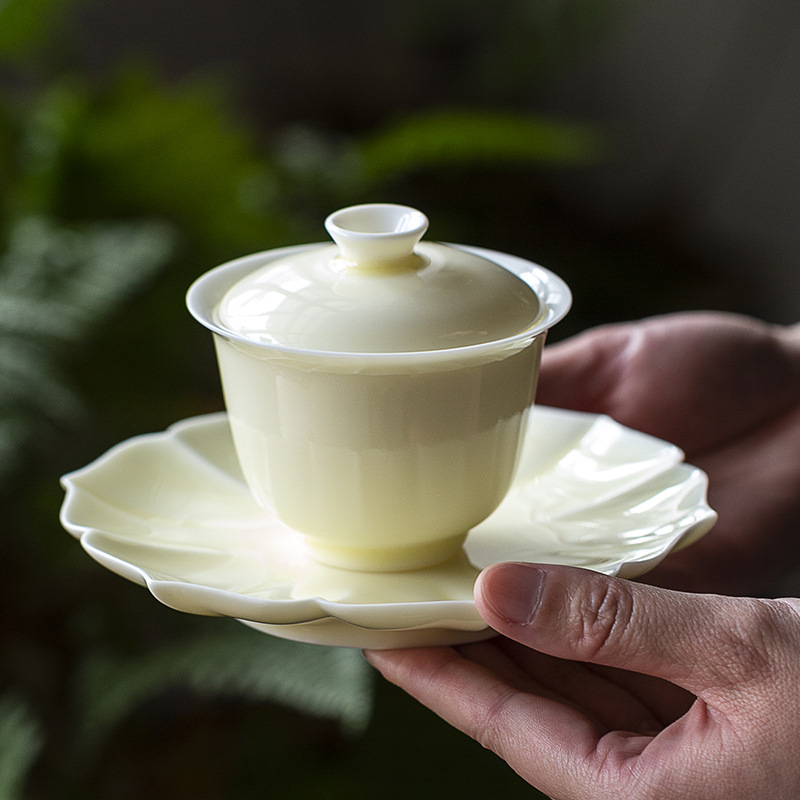 黄丽君月光白茶具盖碗德化白瓷女士泡茶碗单个壶承豇豆红盖碗