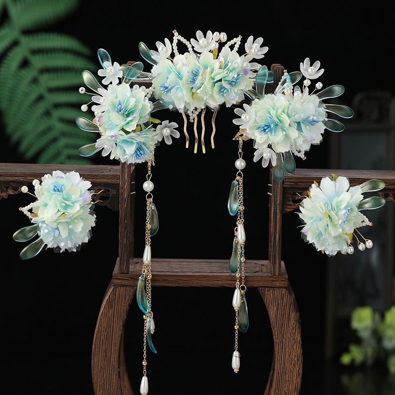 古风头饰蓝色绢花发饰套装古典花朵流苏发夹簪子古典旗袍配饰汉服