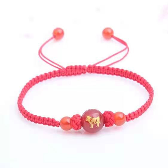 Natural Red Agate Zodiac Men and Women Bracelet Hand-Woven Red Rope Safe Simple Fashion Jewelry Wholesale