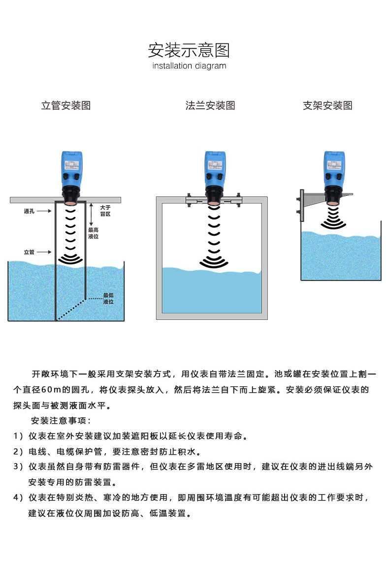 分体一体式超声波液位计传感器探头控制水位计物位仪变送器4-20ma