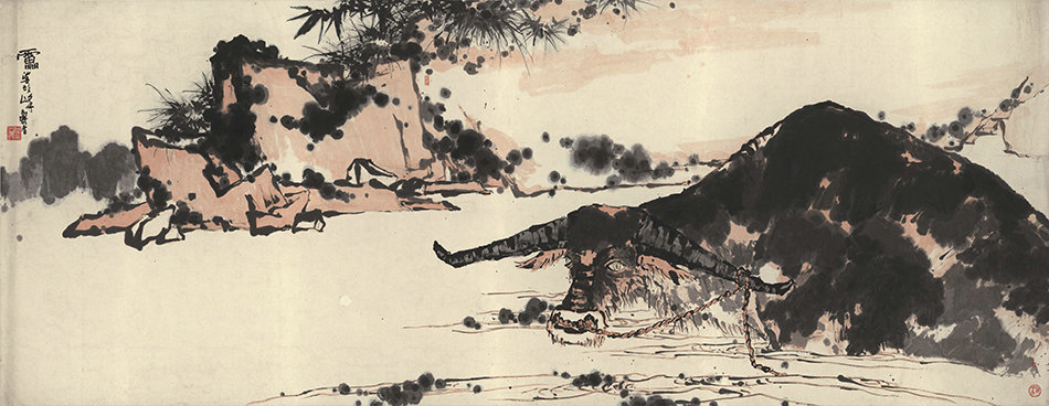 《夏塘水牛图》 潘天寿 名人名画 国画 284*110cm 包邮