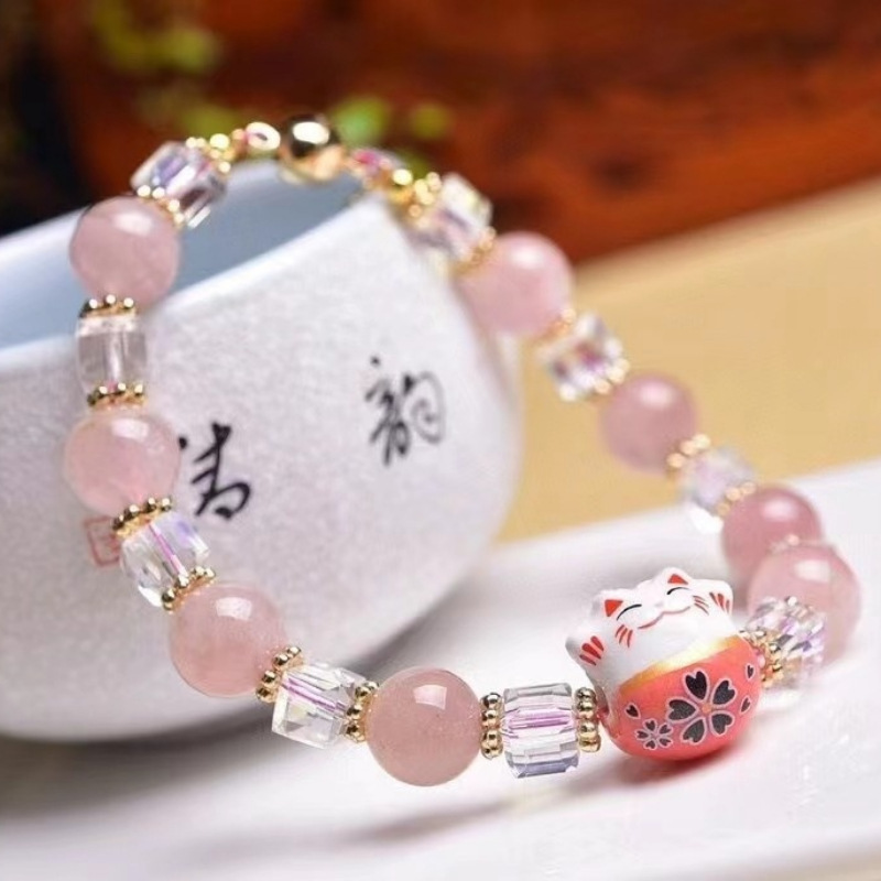慕蕊招财猫手链马粉圆 珠女生礼物单圈 diy天然水晶手串厂家批发