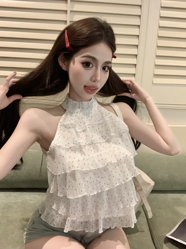 法式波点无袖挂脖小背心女夏季宽松甜美设计感雪纺衫短款上衣外穿