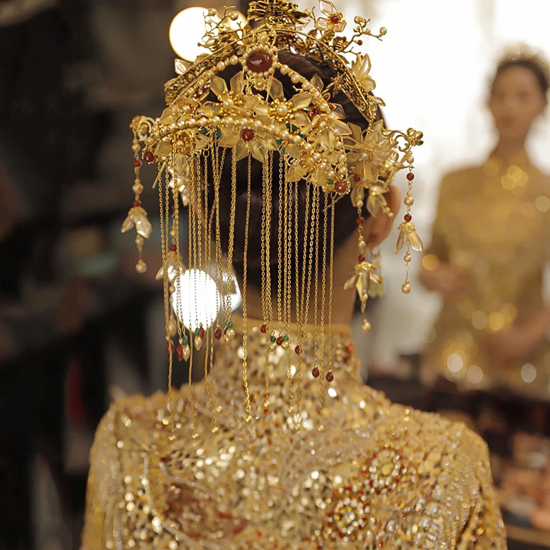 中式新娘头饰金色复古水晶花富贵荣华大气流苏古装秀禾服发饰套装