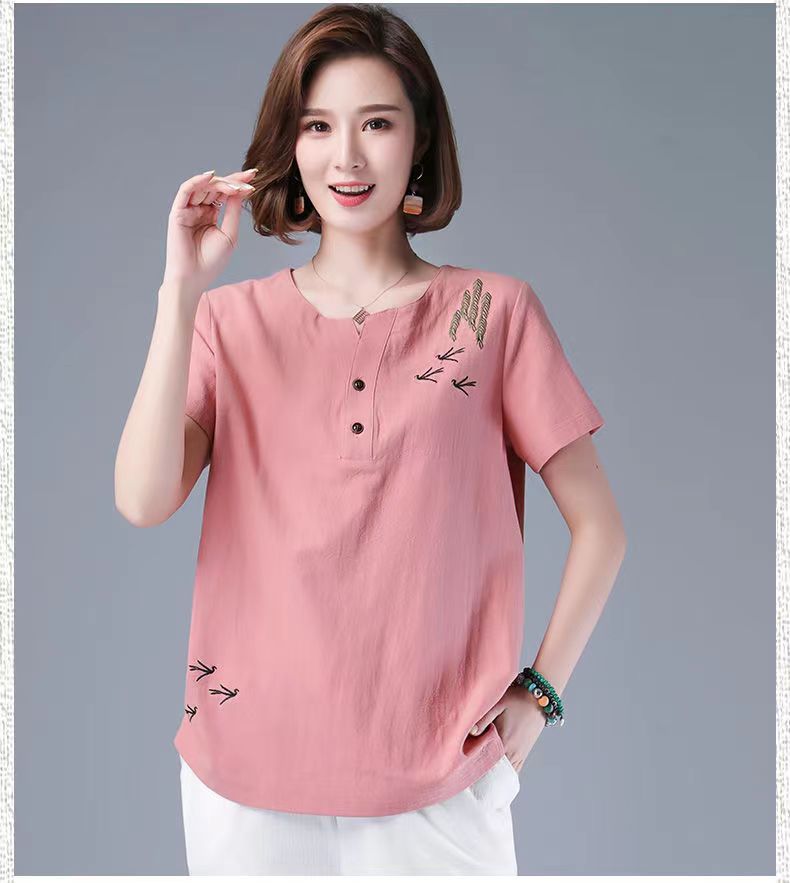 2023 Cotton and Linen Art T-shirt Women's Summer Young Mothers' Clothing Short Sleeve plus Size T-shirt Middle-Aged Loose Casual Top