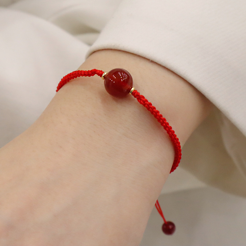 新款本命年红绳手链女编织手绳天然玛瑙情侣发财红新年手饰女