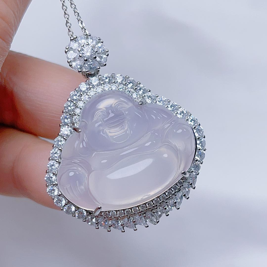 冰透玉髓佛公项链女生大肚弥勒佛吊坠新中式围镶钻笑佛毛衣链
