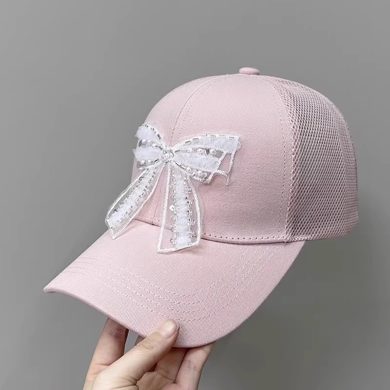 粉色太阳帽女款2024新款蝴蝶结帽子网眼薄款防晒鸭舌帽硬顶棒球帽