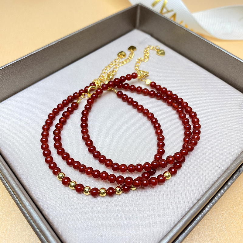 s925银本命年过年极细红玛瑙珠红手绳叠戴手链纤细精致轻奢手串女