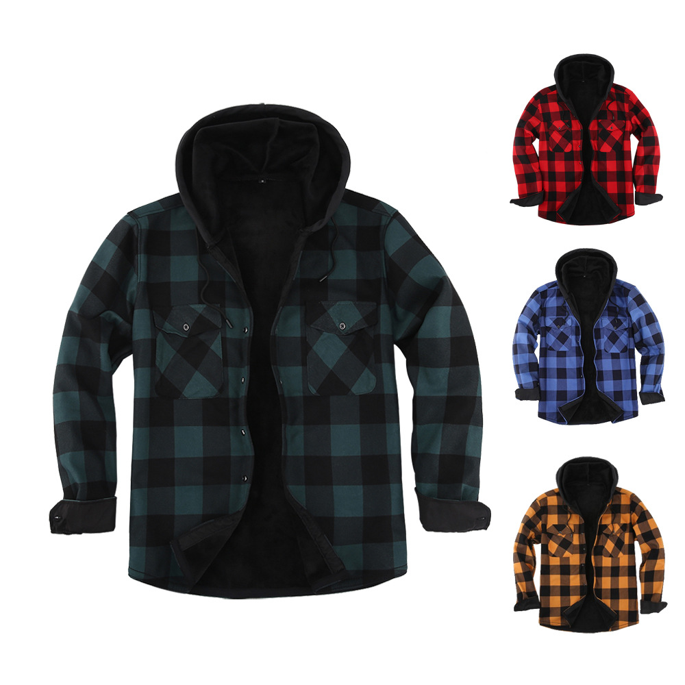 Hot Thermal Shirt Men's Fleece-Lined Thickened Flannel Plaid American Shirt Men's Clothing Lone Hoodies Shirts Single-Layer Fleece-Lined