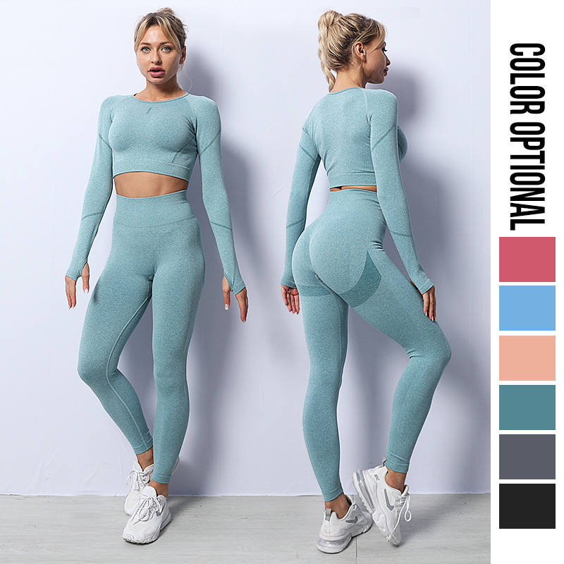 European and American Quick-Drying Tight Long-Sleeved Seamless Yoga Clothes Sports Top for Women High Waist Workout Yoga Pants Yoga Suit