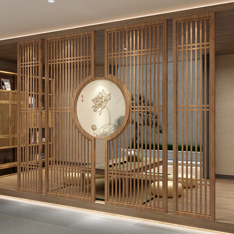 新中式实木镂空黑胡桃花格入户玄关格栅客厅餐厅遮挡背景隔断屏风