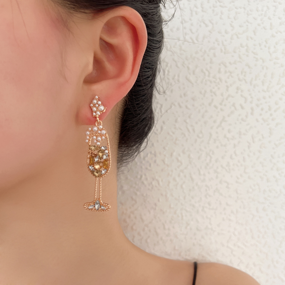 复古夸张水钻珍珠时尚个性香槟杯耳坠耳环欧美跨境热销新款耳饰