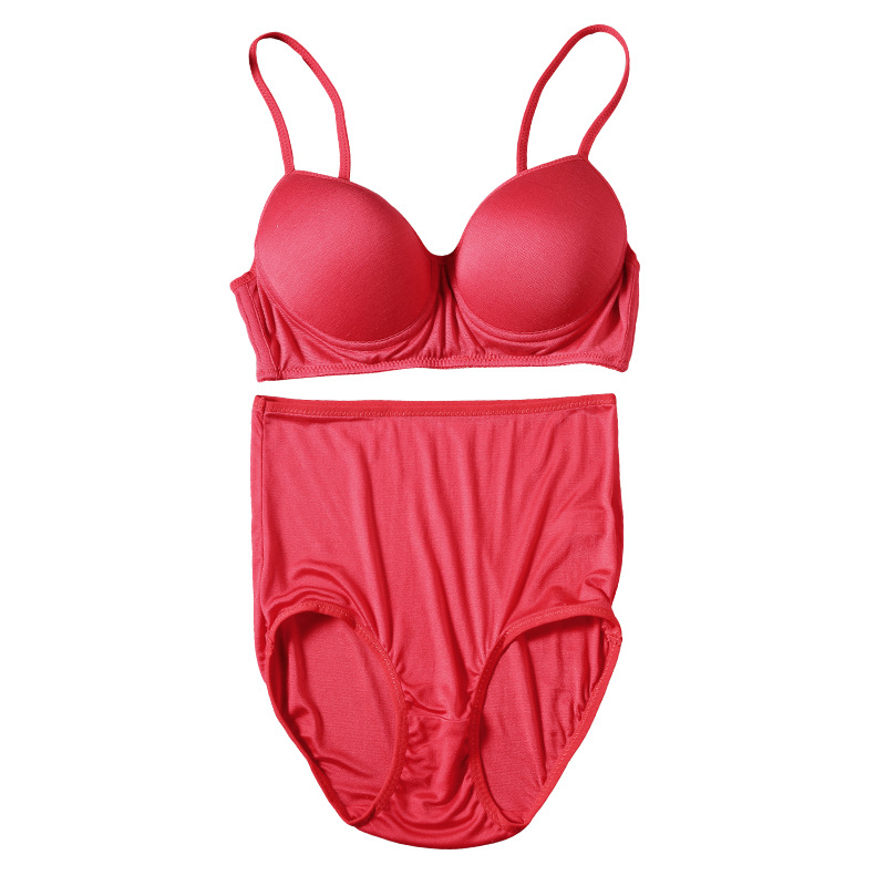 本命年大红色真丝文胸套装 100%桑蚕丝光面内衣高腰收腹包臀内裤