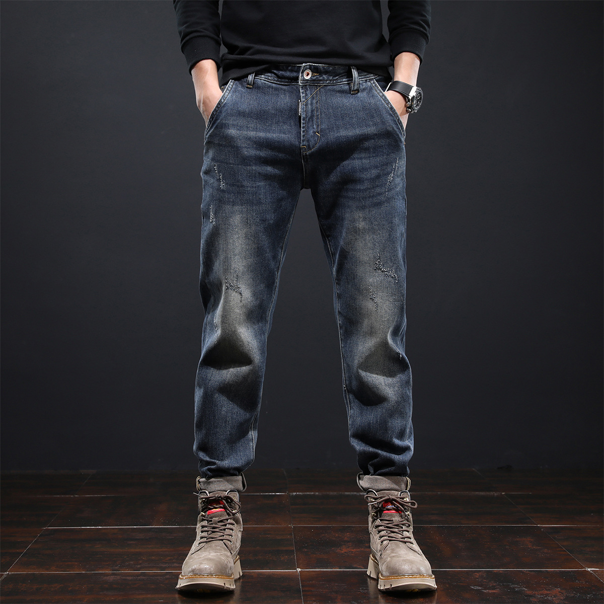2021新款秋季牛仔裤男式潮牌修身小脚韩版潮复古宽松休闲长裤批发