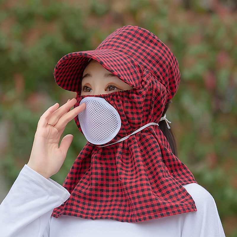 Sun Protection Small Plaid Half Brim Face and Neck Protection Sun Hat under the Ground Spray Insecticide Farm Busy Full Face Mask Shawl Sun Hat