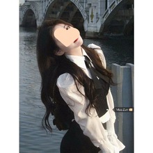韩系高级感贵气千金女团风套装黑色马甲泡泡袖衬衫+字半裙三件套