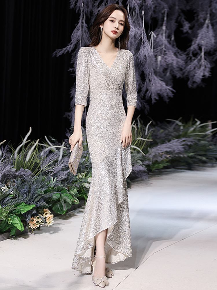 鱼尾晚礼服2021新款银色亮片气质优雅礼服裙晚宴主持人年会礼服春