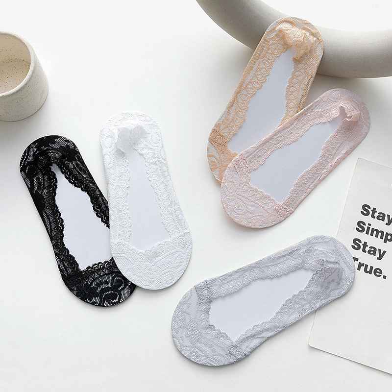 Spring and Summer Korean Style Lace Ankle Socks Women's Silicone Non-Slip Low Top Invisible Socks Pure Color Cotton Bottom Socks Factory Wholesale