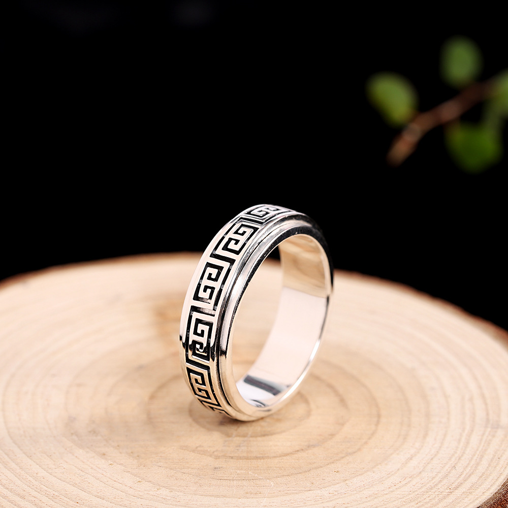 人品银品 s925银做旧时来运转戒指 时尚复古男士可转动戒指 跨境