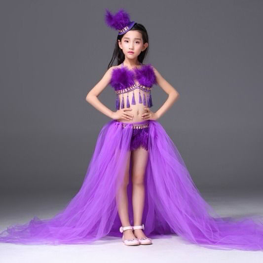 新款儿童t台走秀泳装 女童模特舞台表演服装 羽毛比基尼演