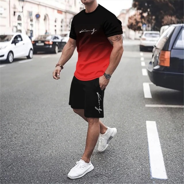 Cross-Border New Arrival Style 3D Printing Essentials Short-Sleeved T-shirt 2-Piece Summer Men's Casual Sports Suit