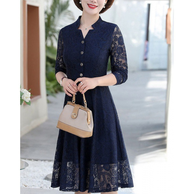 x葊2妈妈款春装长袖连衣裙中老年女装40岁50蕾丝裙阔太太洋气高贵