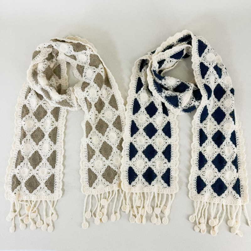 跨境热销款秋季新款日系棉质森系菱格蕾丝镂空手钩针织围巾围脖女
