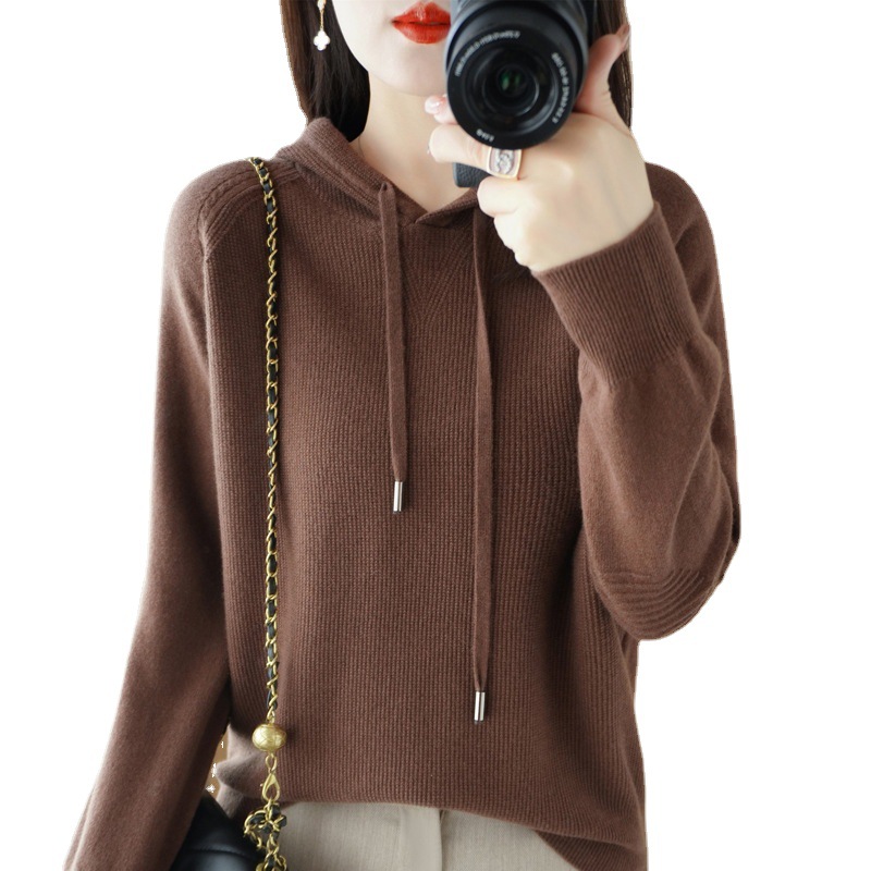 2022 Autumn and Winter Cross-Border Women's Knitwear Korean Style Solid Color Knitted Hooded Hoodie Lazy Sweater Coat