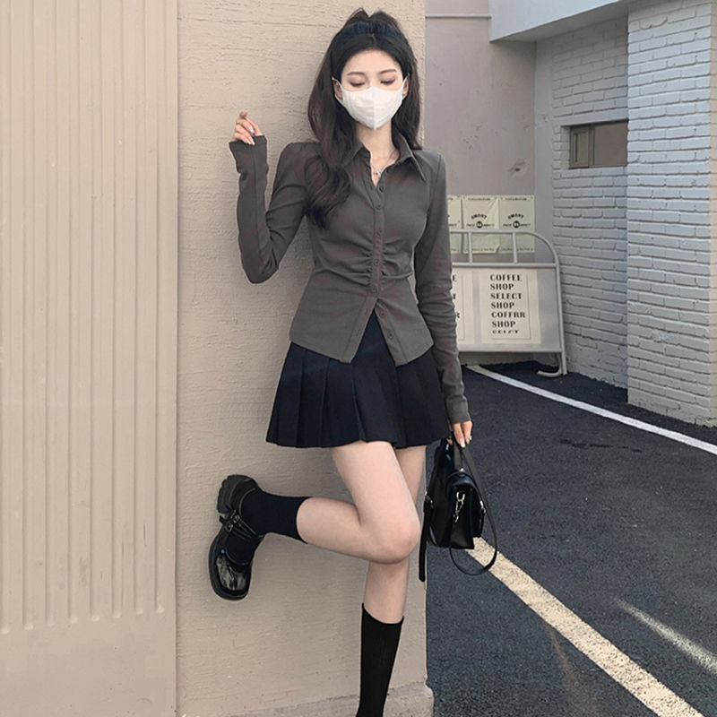 春季时尚套装jk纯欲轻熟风别致收腰衬衫 高腰百褶裙短裙两件套女