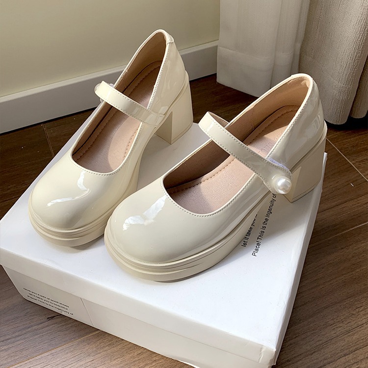 真皮白色玛丽珍女鞋高跟鞋新款粗跟单鞋厚底珍珠婚纱伴娘鞋婚鞋子
