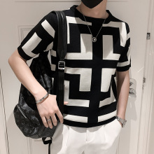 2024春夏几何图案打底衫男士修身休闲潮牌短袖针织上衣服夏装T恤