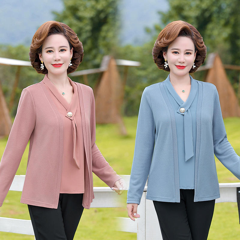 中老年女装v领t恤大码妈妈装春秋季针织打底衫中年妇女长袖上衣服