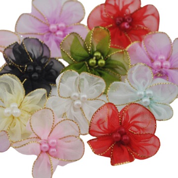 缎带网纱小花 带珠五瓣梅花 珍珠雪纺小花 diy头饰服装辅料配饰