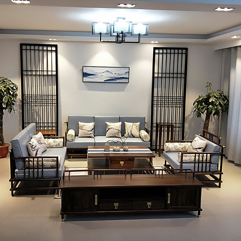 新中式实木沙发组合现代简约布艺原木色古典禅意客厅茶室民宿家具
