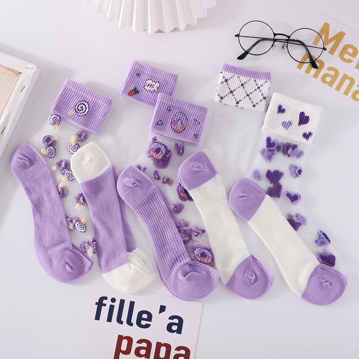 女网红水晶袜夏季薄款中筒透明冰丝韩版紫色系高颜值透气棉底袜子