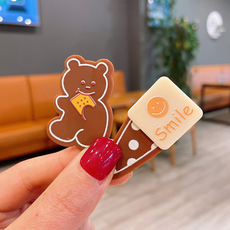 韩版巧克力色卡通小熊发夹可爱儿童刘海夹水滴圆点碎发边夹小女孩