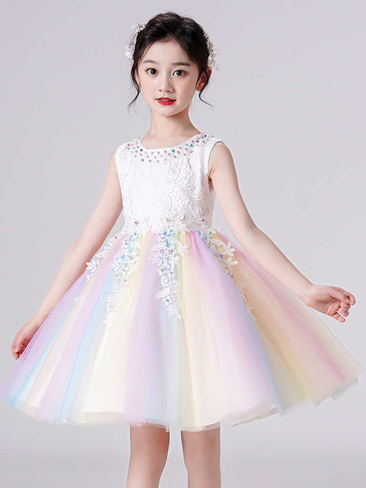 夏装六一儿童演出服花童婚礼服公主裙女童蓬蓬连衣裙白色纱裙