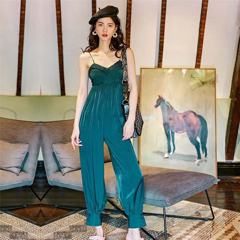 花妖原创复古抹胸吊带连体裤高腰显瘦性感九分灯笼裤蝴蝶结休闲裤