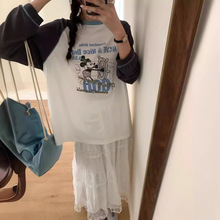 夏季新款韩版休闲时尚减龄卡通图案拼色袖宽松长袖T恤防晒衫4531