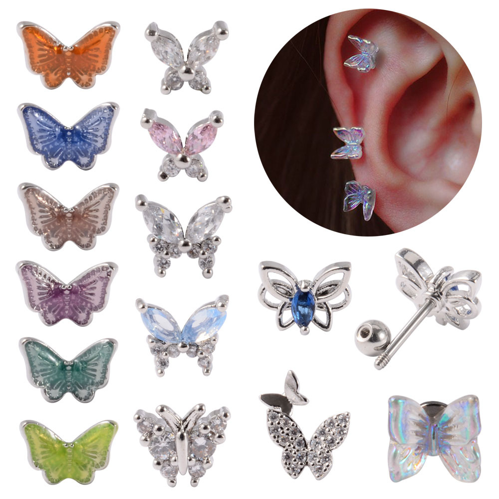 Fashion Colorful Zircon Butterfly Studs Small Pansy Stainless Steel Thin Rod Ear Bone Stud 20G Screw Ball Earrings